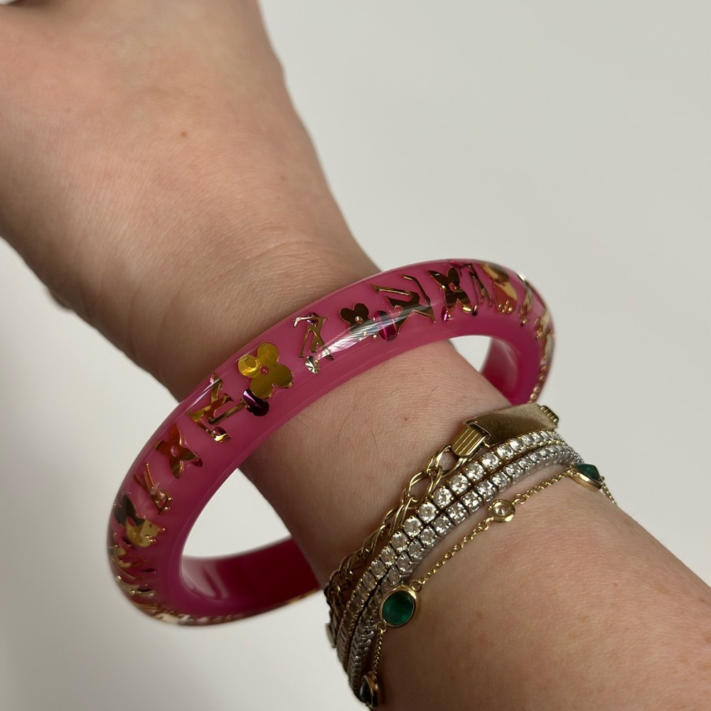 Louis Vuitton Pink Resin Gold Monogram Inclusion Bangle Bracelet